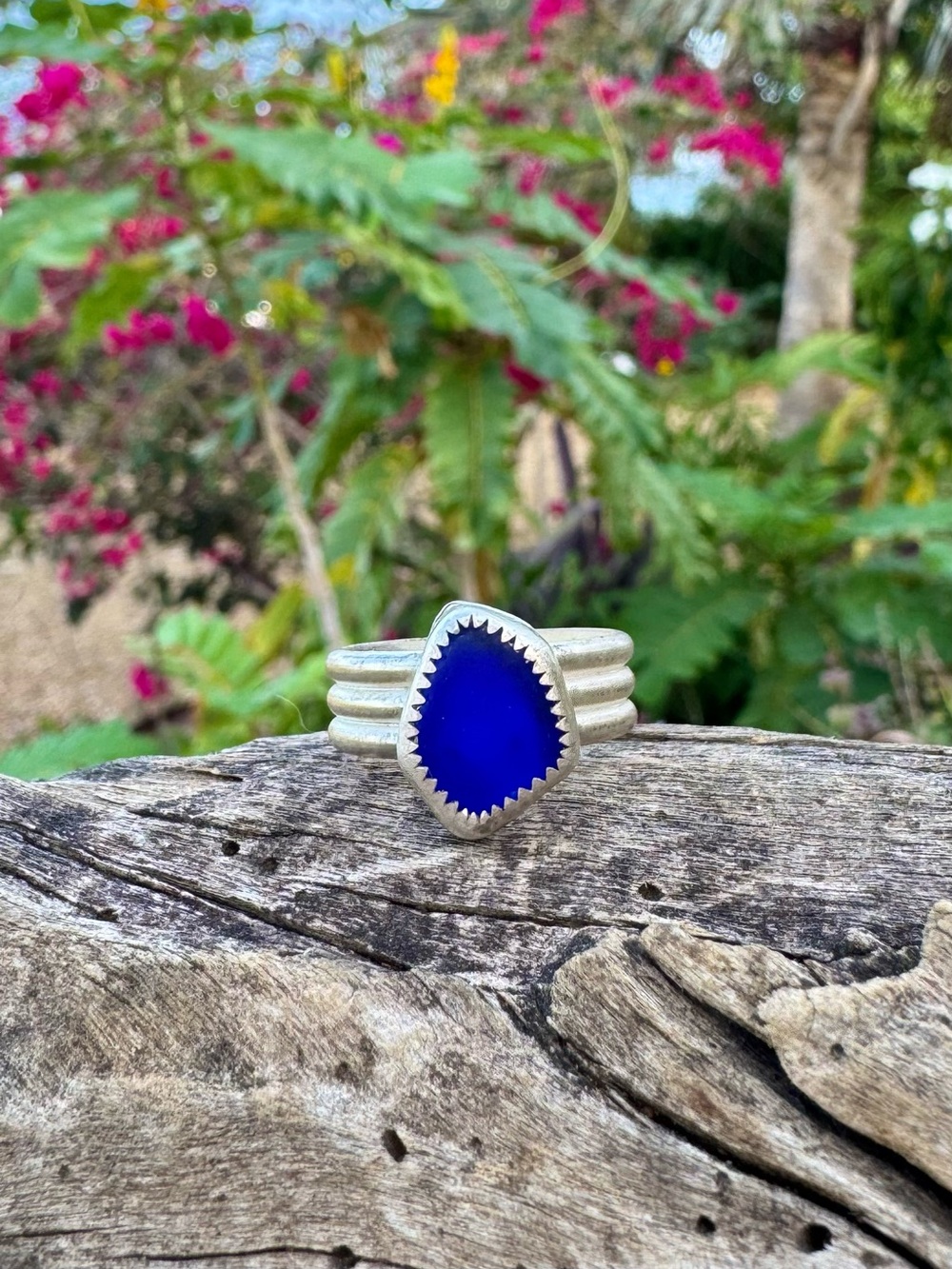 Cobalt blue sea glass Statement Ring in fine silver & sterling silver